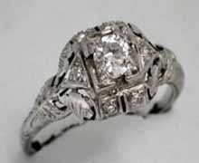 18 karat white gold and diamond ring, circa 1935. Nobel Antique Jewelry Store, Santa Monica, Ca.