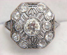 platinum antique filigree and diamond ring. Nobel Antique Jewelry Store, Santa Monica, Ca.