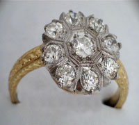 victorian platinum, diamond and 18 karat yellow gold ring. Nobel Antique Jewelry Santa Monica.