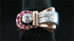 14 karat rose gold ,diamond and ruby ring, circa 1950s
