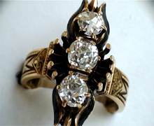 victorian three diamond and 14 Karat gold ring. Nobel Antique jewelers Santa Monica. Circa 1880s
